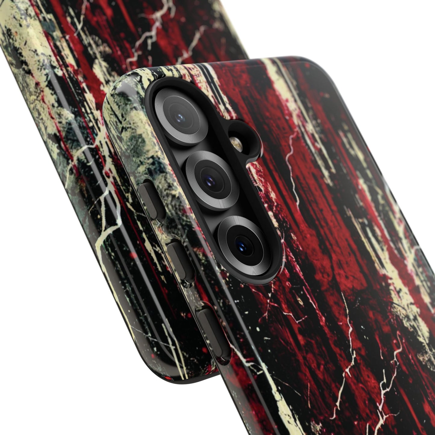 Corrosive impact-resistant phone case with distressed red, black, and bone-white design for iPhone, Samsung, and Google Pixel by NecroGrip.