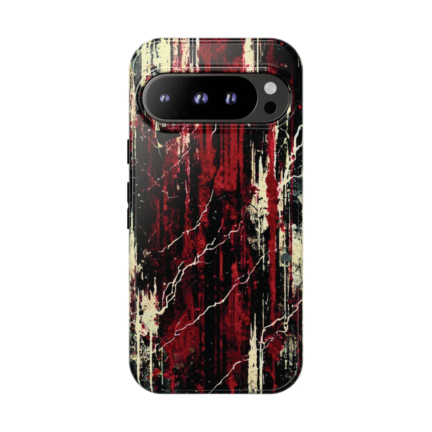Corrosive impact-resistant phone case with distressed red, black, and bone-white design for iPhone, Samsung, and Google Pixel by NecroGrip.
