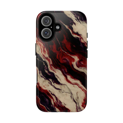 NecroGrip “Fascia” impact-resistant phone case with red, bone, and black marbled streaks, abstract muscle-like pattern on a slim dual-layer shell.