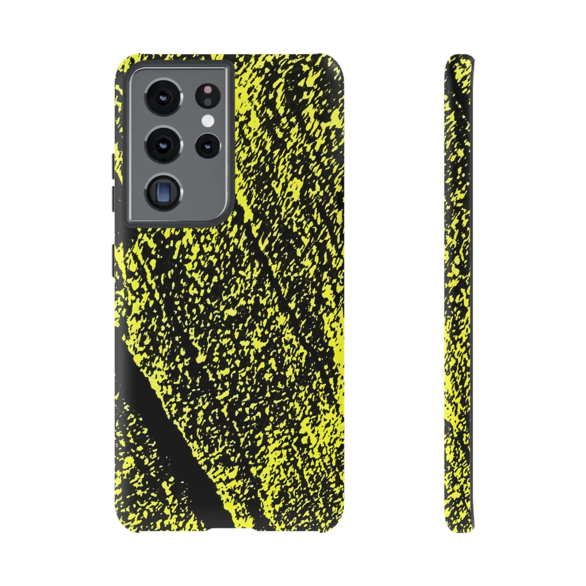 A phone case with a black and neon yellow splattered paint pattern, shown from both the back and side views on a white background.