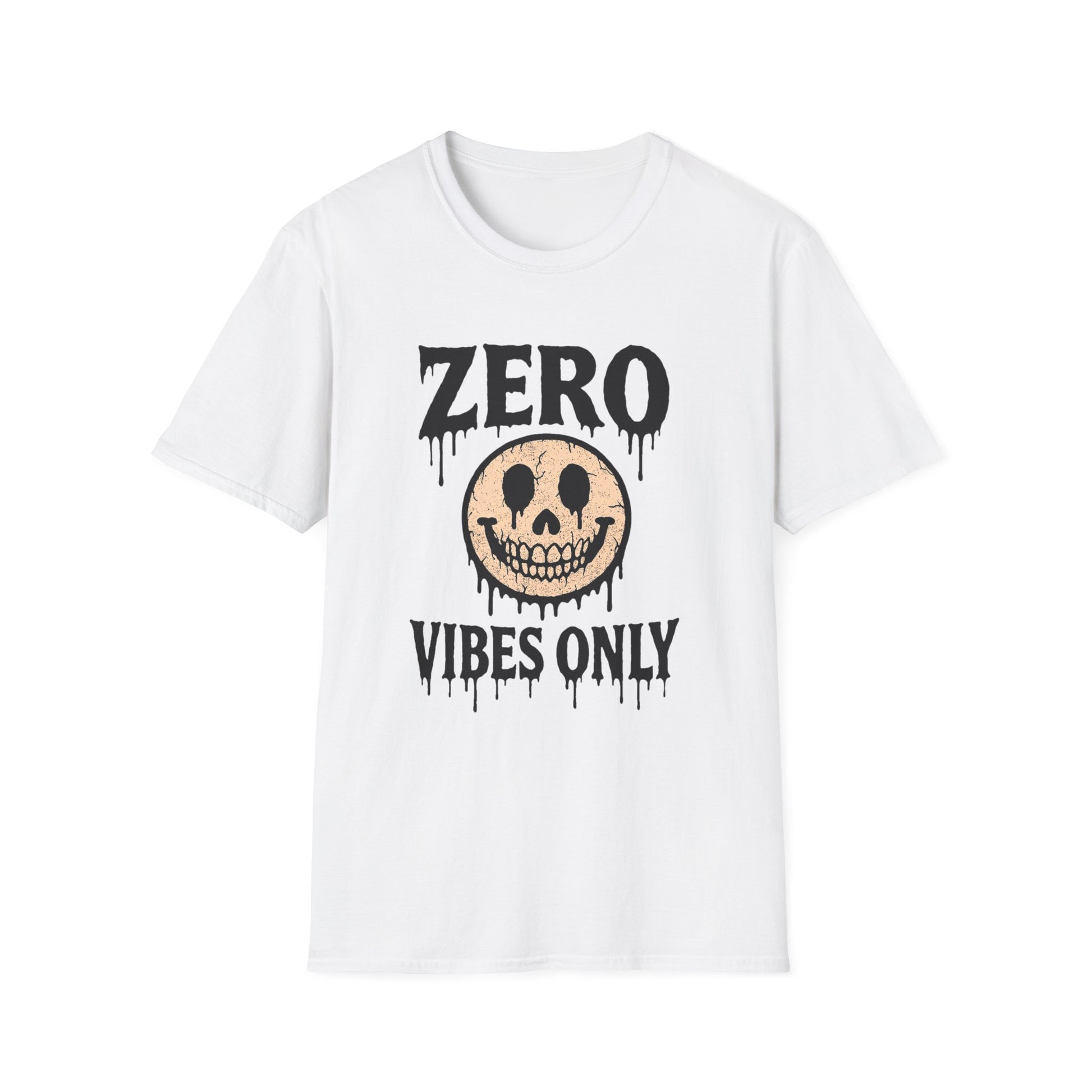 Zero Vibes Only design printed on white Softstyle tee by NecroGrip