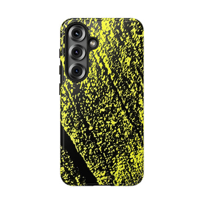 Bloom to Consume protective phone case featuring a black and toxic yellow organic decay pattern.