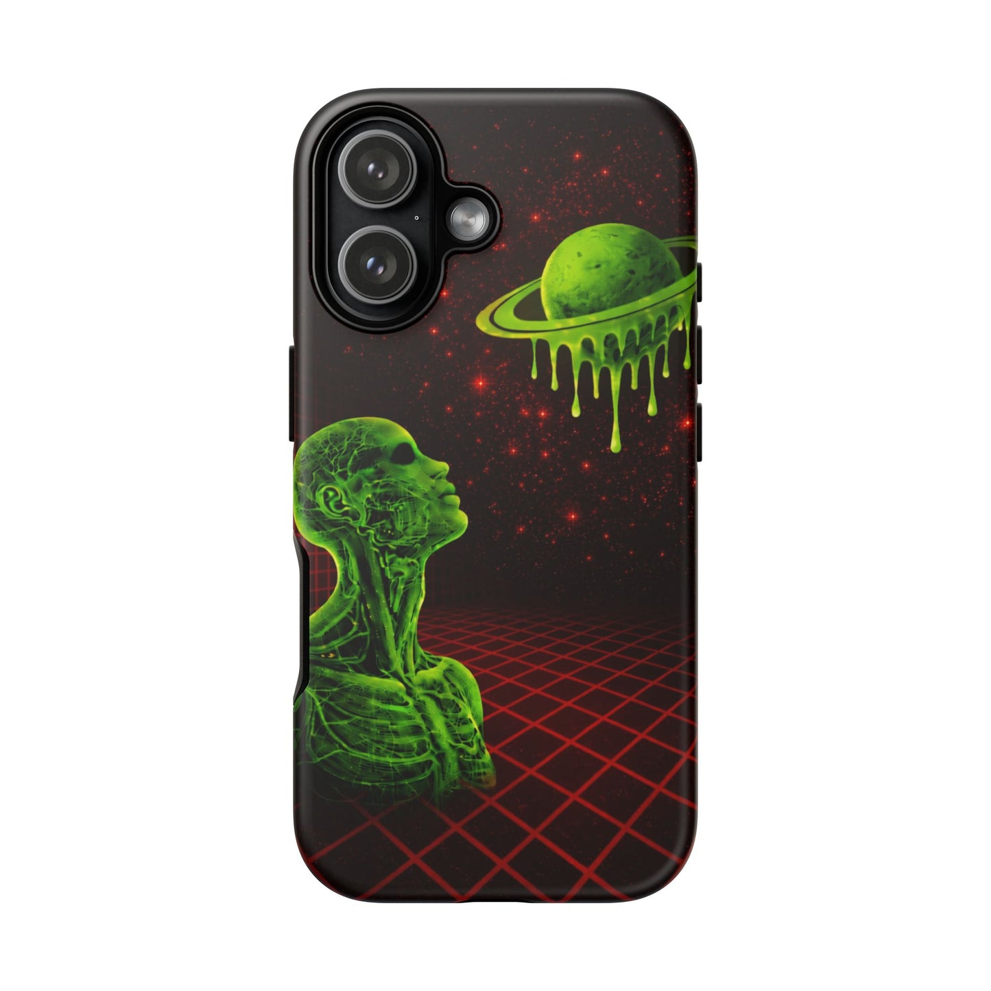 Glowing green anatomical bust gazing up at a dripping Saturn-like planet over a red grid and star-speckled space background on a black phone case.