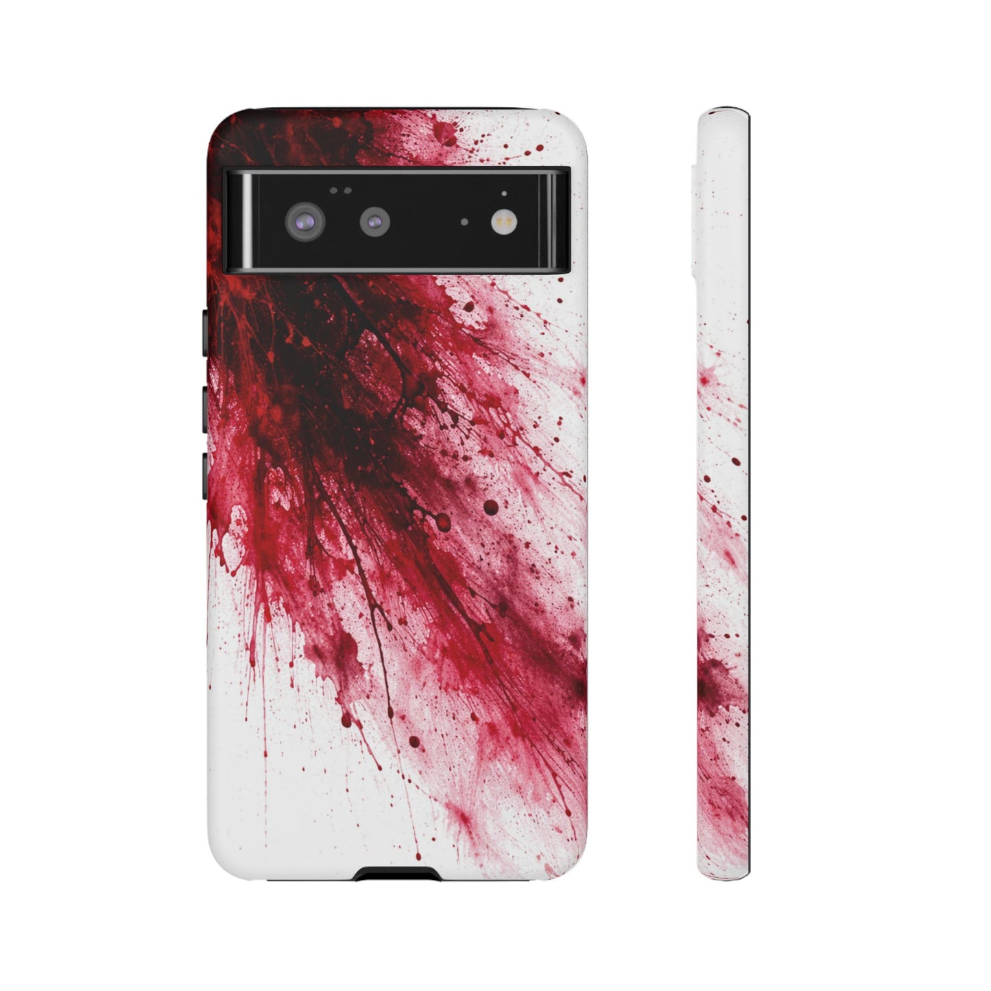 Phone case with red and white abstract design on a white background