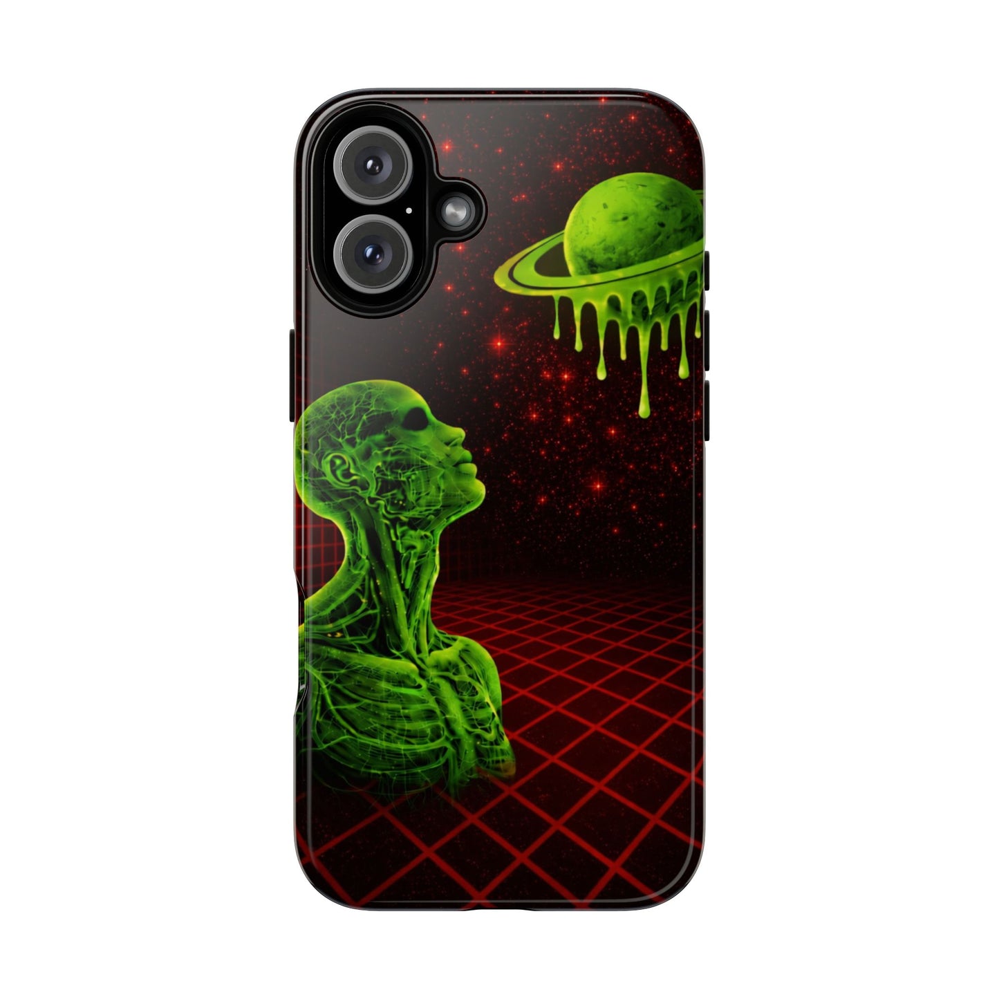 Glowing green anatomical bust gazing up at a dripping Saturn-like planet over a red grid and star-speckled space background on a black phone case.