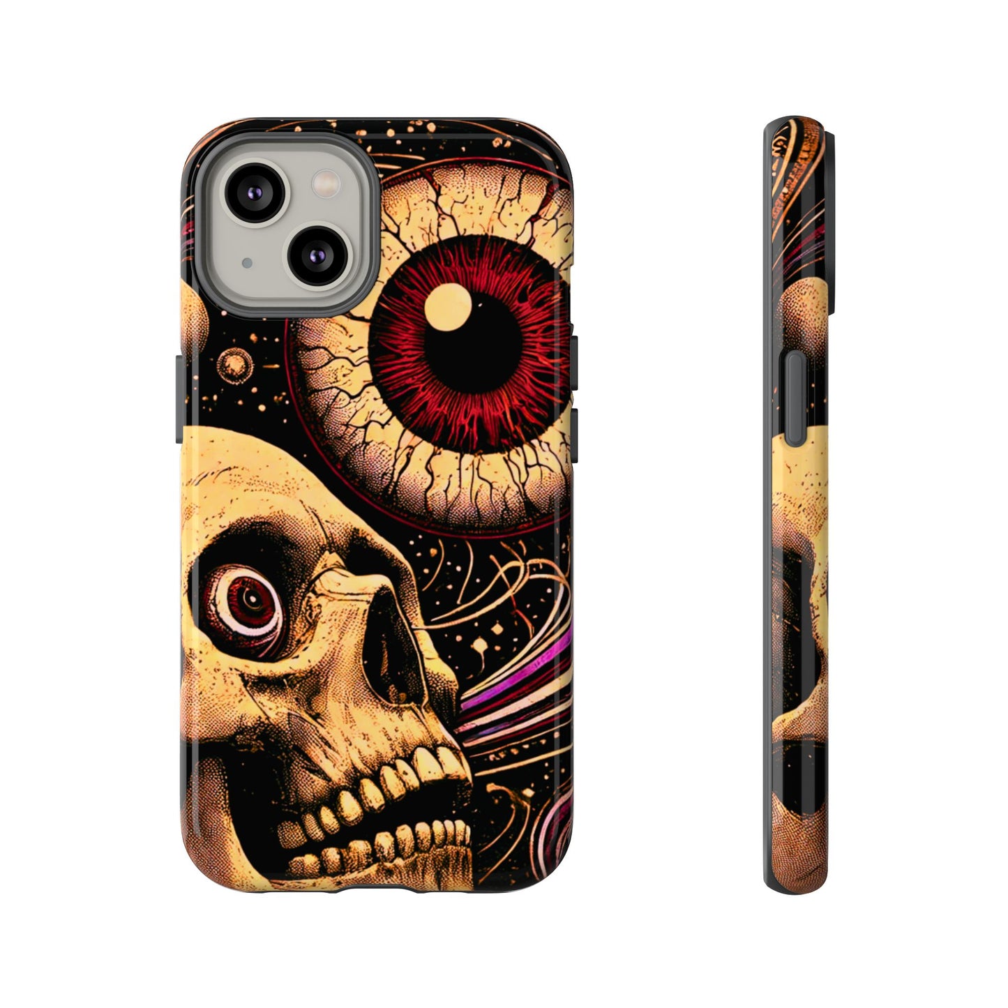 Impact-resistant tough phone case featuring a dark cosmic skull and eye design on a durable dual-layer shell by NecroGrip.