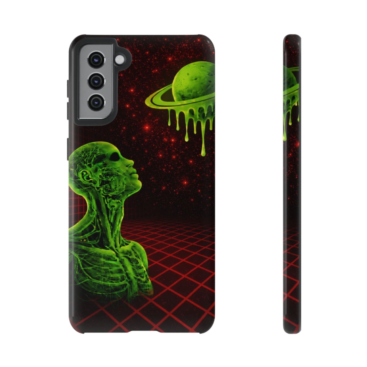 Glowing green anatomical bust gazing up at a dripping Saturn-like planet over a red grid and star-speckled space background on a black phone case.