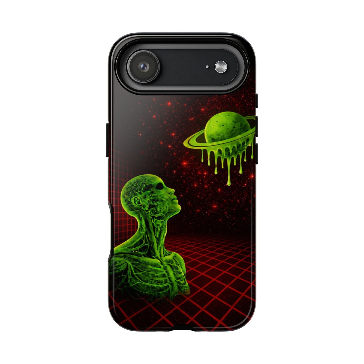 Glowing green anatomical bust gazing up at a dripping Saturn-like planet over a red grid and star-speckled space background on a black phone case.