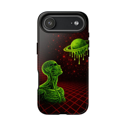 Glowing green anatomical bust gazing up at a dripping Saturn-like planet over a red grid and star-speckled space background on a black phone case.