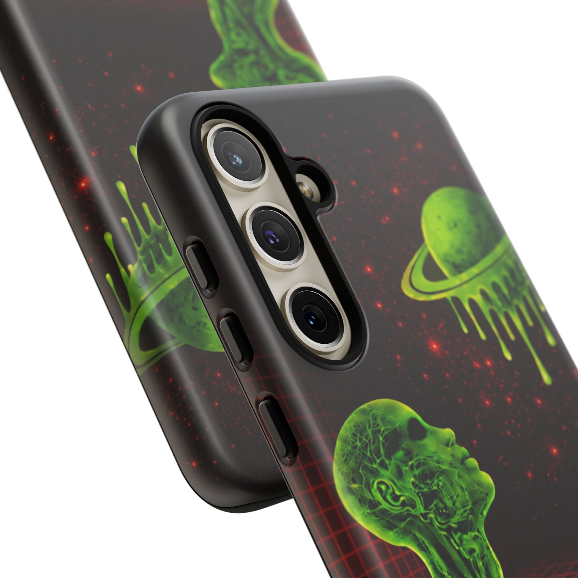 Glowing green anatomical bust gazing up at a dripping Saturn-like planet over a red grid and star-speckled space background on a black phone case.