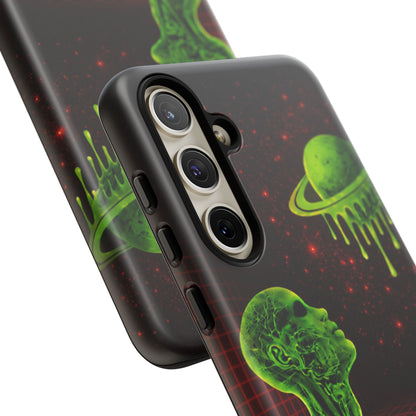 Glowing green anatomical bust gazing up at a dripping Saturn-like planet over a red grid and star-speckled space background on a black phone case.