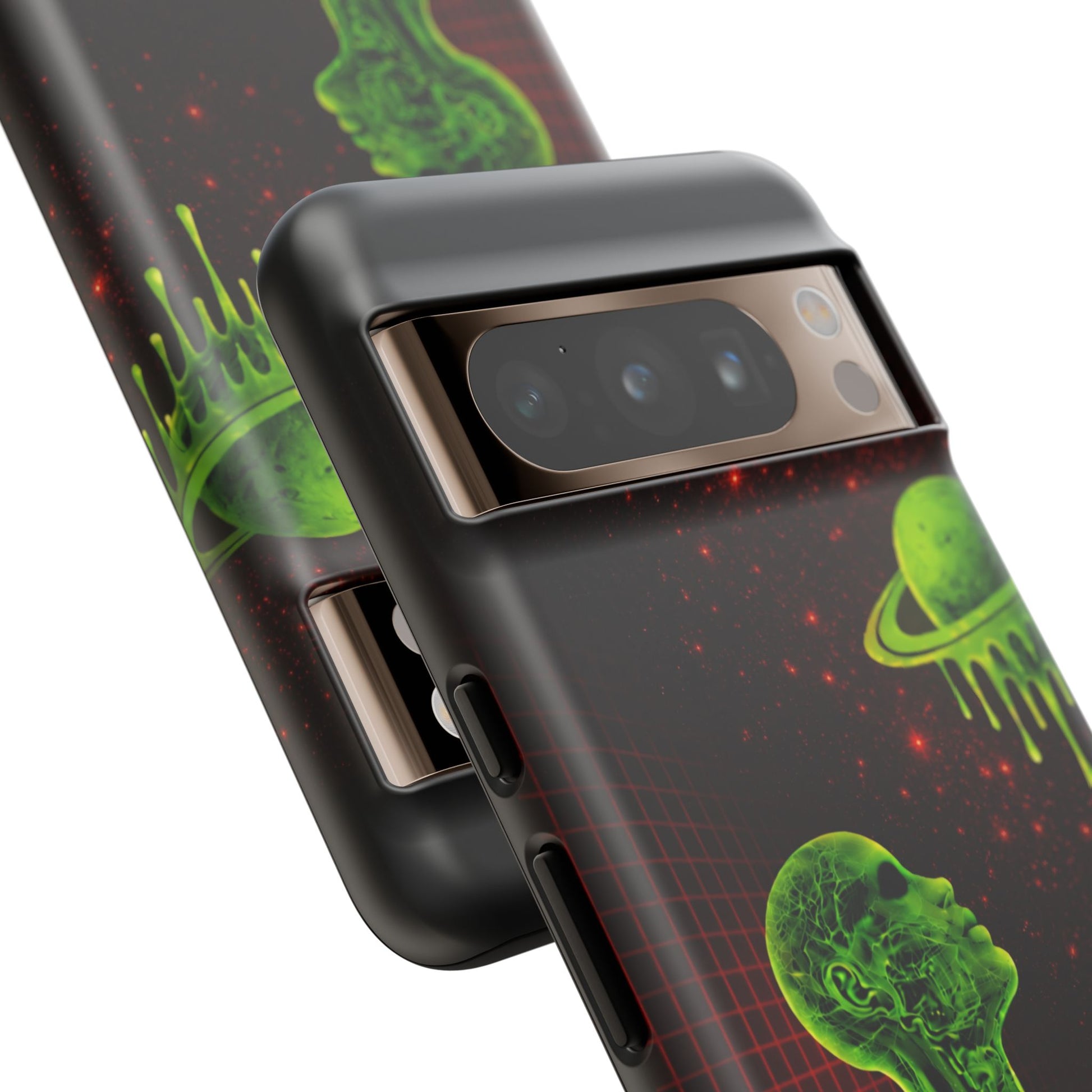 Glowing green anatomical bust gazing up at a dripping Saturn-like planet over a red grid and star-speckled space background on a black phone case.