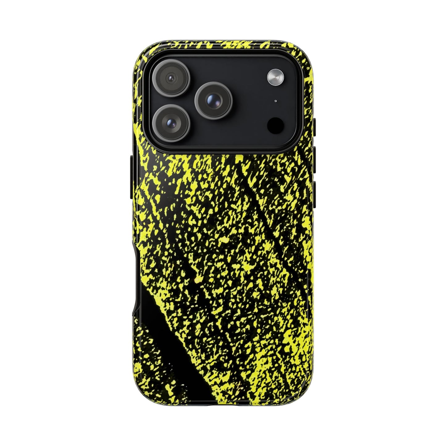 Bloom to Consume protective phone case featuring a black and toxic yellow organic decay pattern.