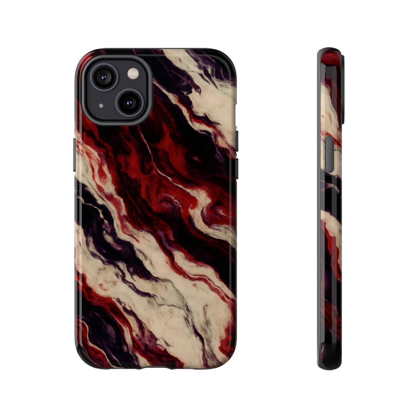 NecroGrip “Fascia” impact-resistant phone case with red, bone, and black marbled streaks, abstract muscle-like pattern on a slim dual-layer shell.