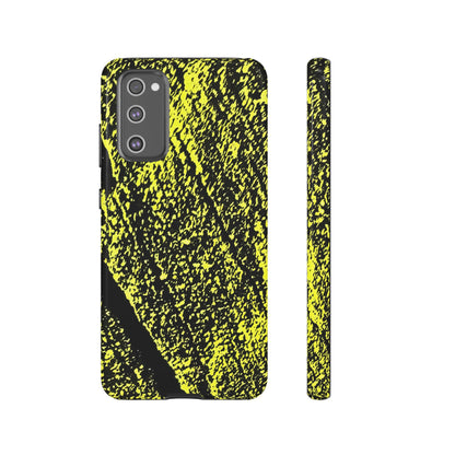 Bloom to Consume protective phone case featuring a black and toxic yellow organic decay pattern.