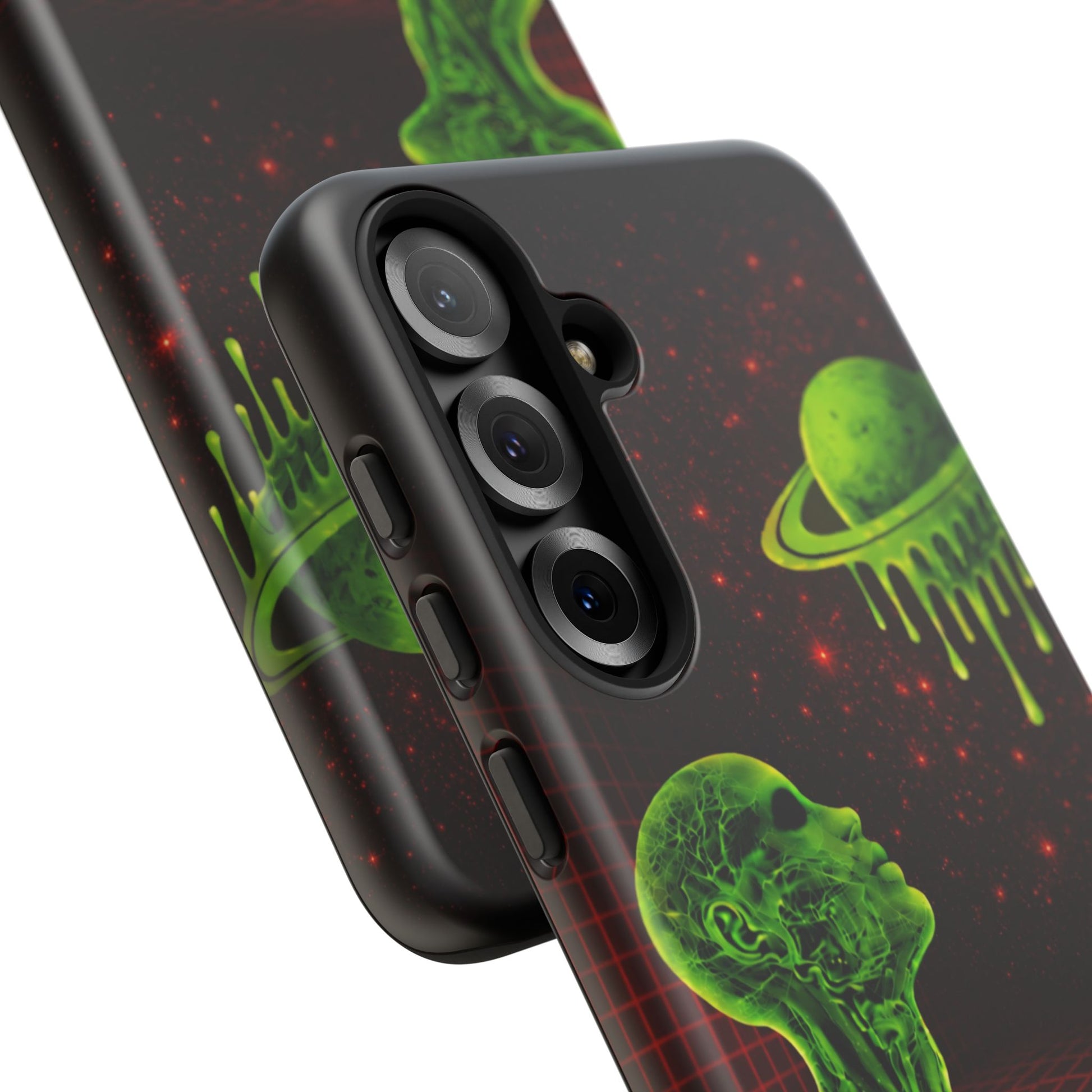 Glowing green anatomical bust gazing up at a dripping Saturn-like planet over a red grid and star-speckled space background on a black phone case.