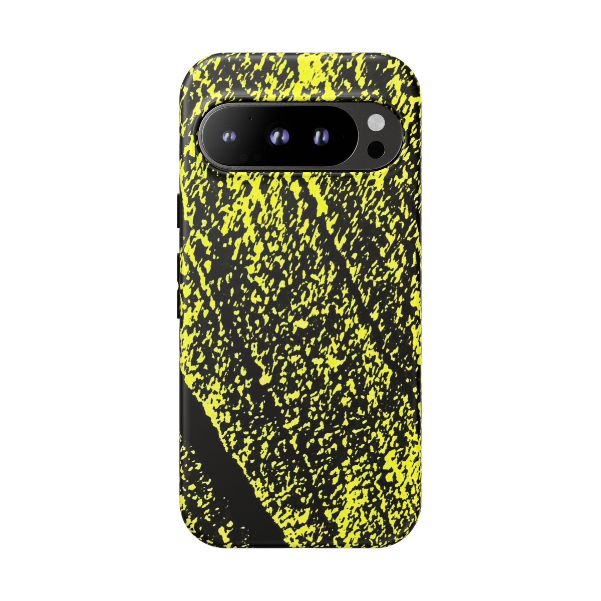 A protective phone case featuring a high-contrast black and neon yellow splatter pattern, shown on a clean white background.