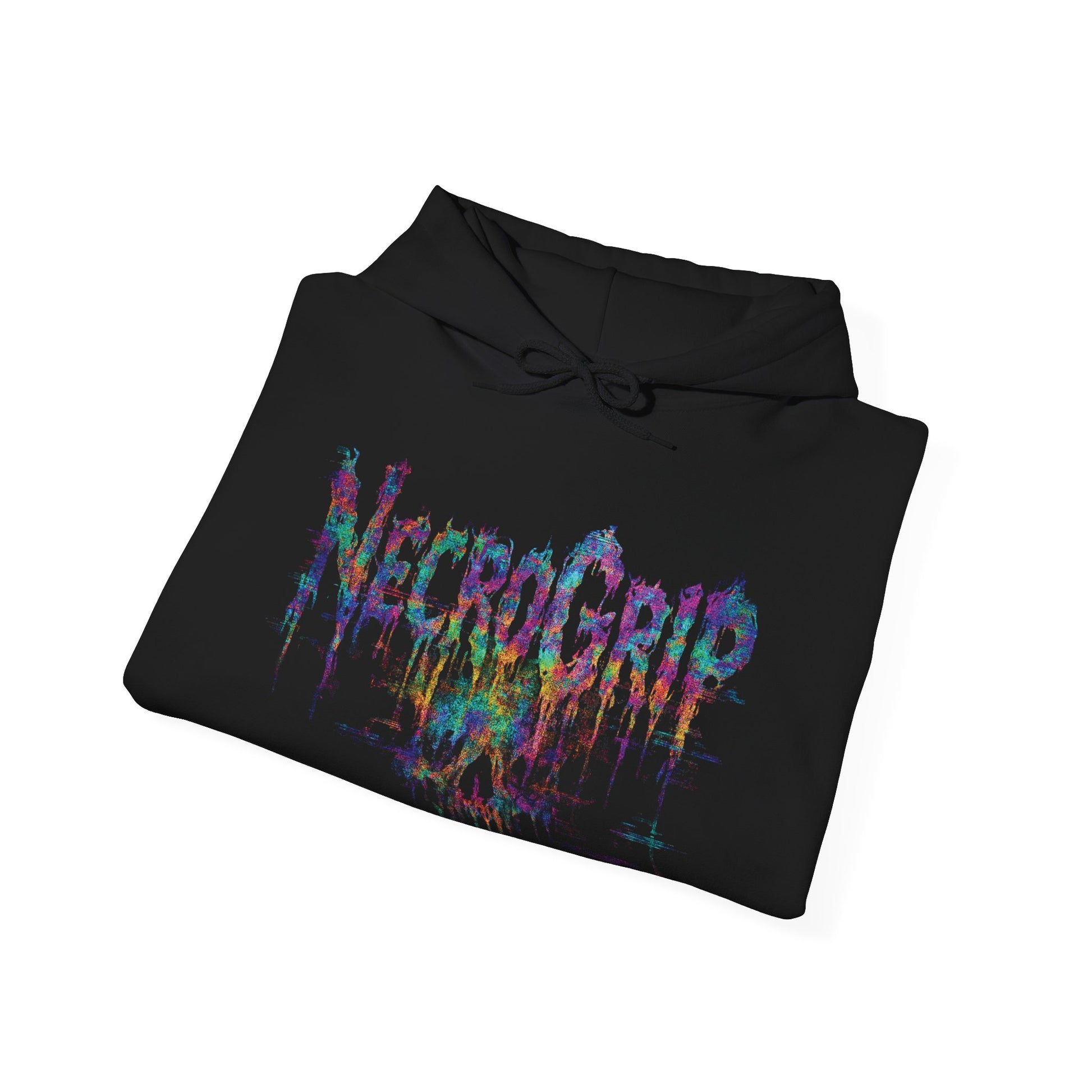 Folded view — black heavy-blend hoodie showing Prism Decay multicolor logo detail on front.