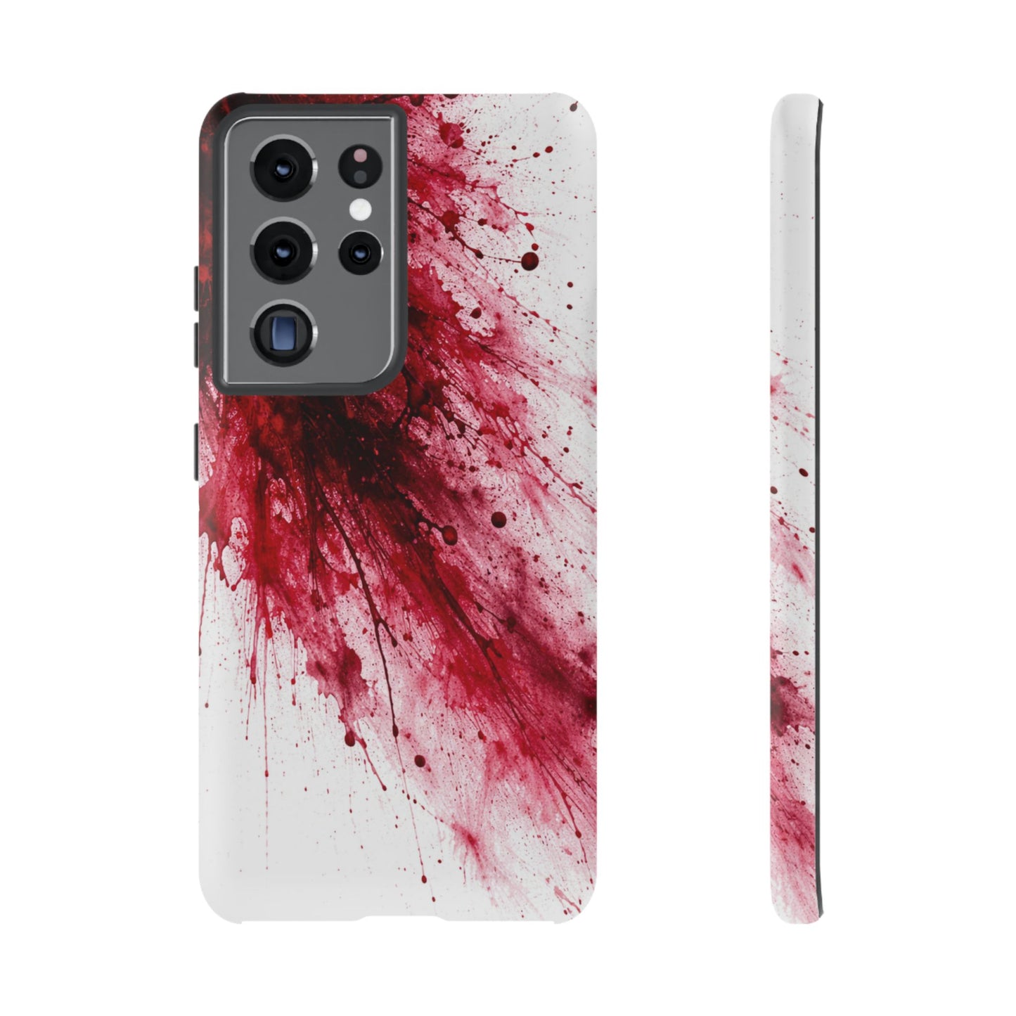 Phone case with red and white abstract design on a white background