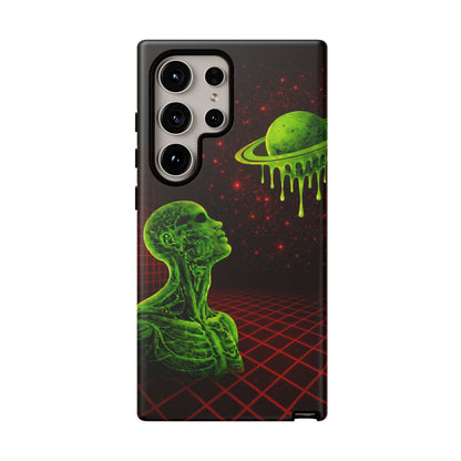Glowing green anatomical bust gazing up at a dripping Saturn-like planet over a red grid and star-speckled space background on a black phone case.
