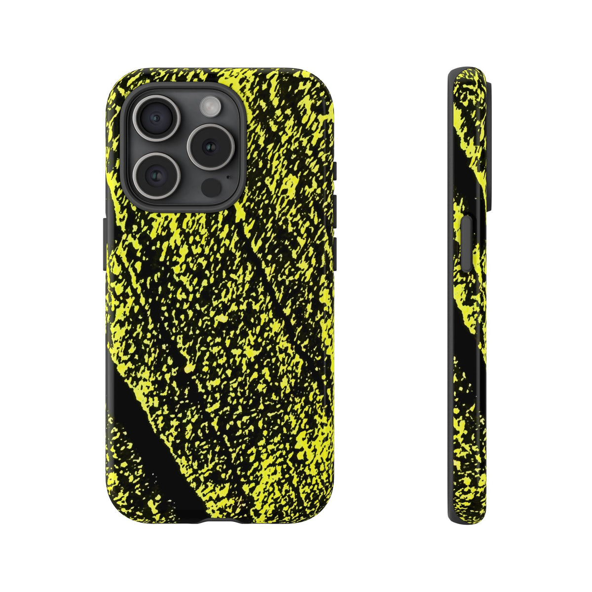 A phone case with a high-contrast black and neon yellow splatter pattern, shown from both the back and side views on a plain white background.
