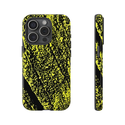 A phone case with a high-contrast black and neon yellow splatter pattern, shown from both the back and side views on a plain white background.