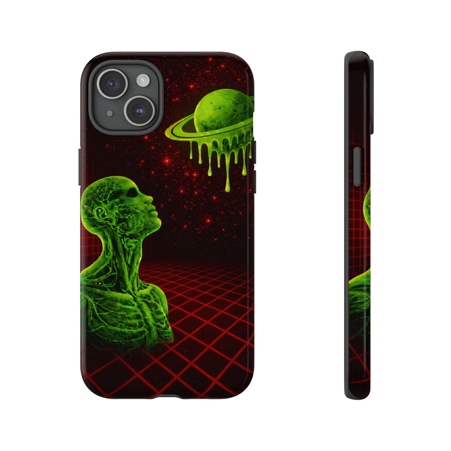 Glowing green anatomical bust gazing up at a dripping Saturn-like planet over a red grid and star-speckled space background on a black phone case.