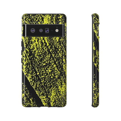 A phone case with a high-contrast black and neon yellow splatter pattern, shown from both the back and side profile views on a plain white background.