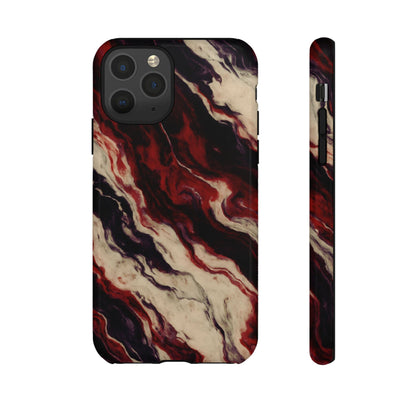 NecroGrip “Fascia” impact-resistant phone case with red, bone, and black marbled streaks, abstract muscle-like pattern on a slim dual-layer shell.