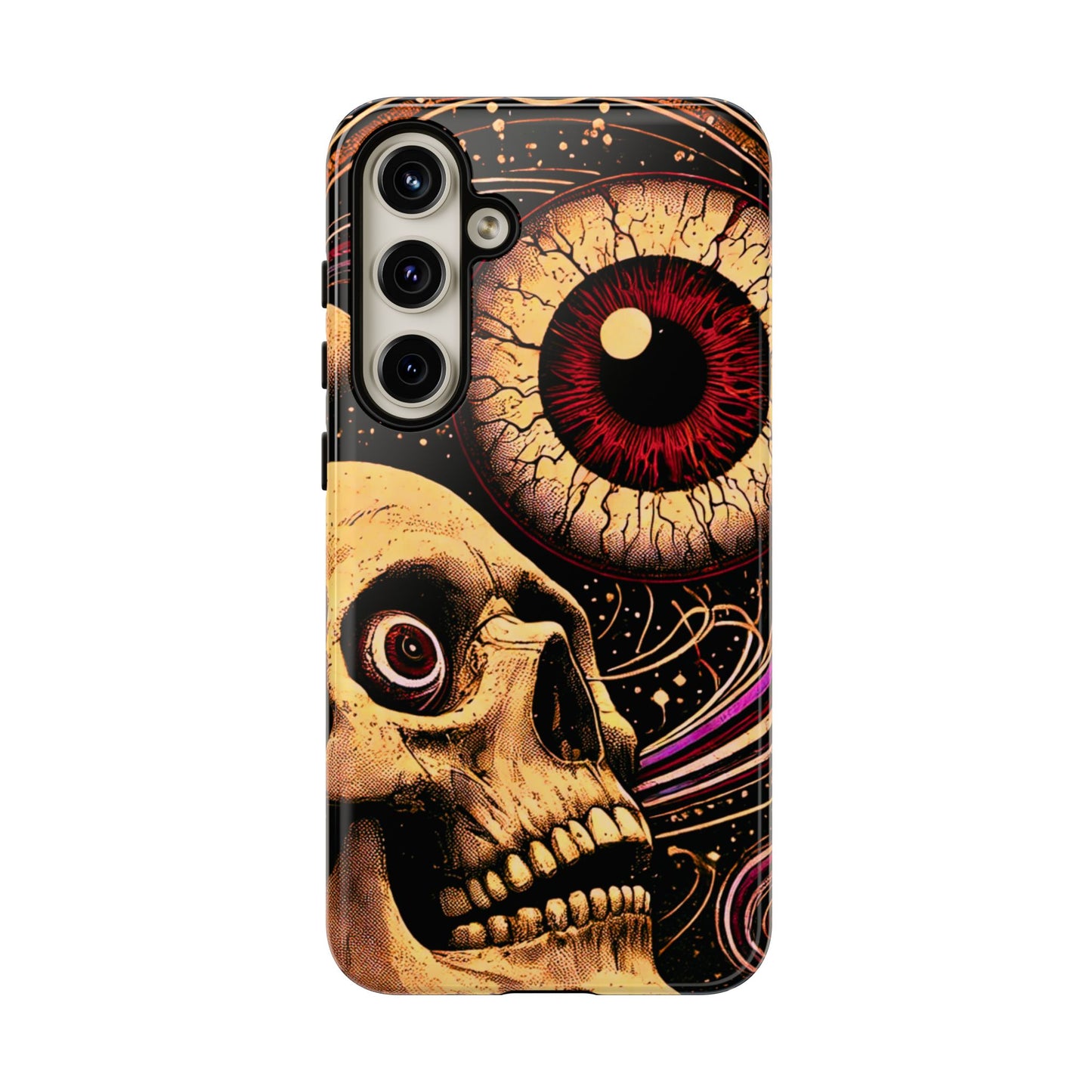 Impact-resistant tough phone case featuring a dark cosmic skull and eye design on a durable dual-layer shell by NecroGrip.