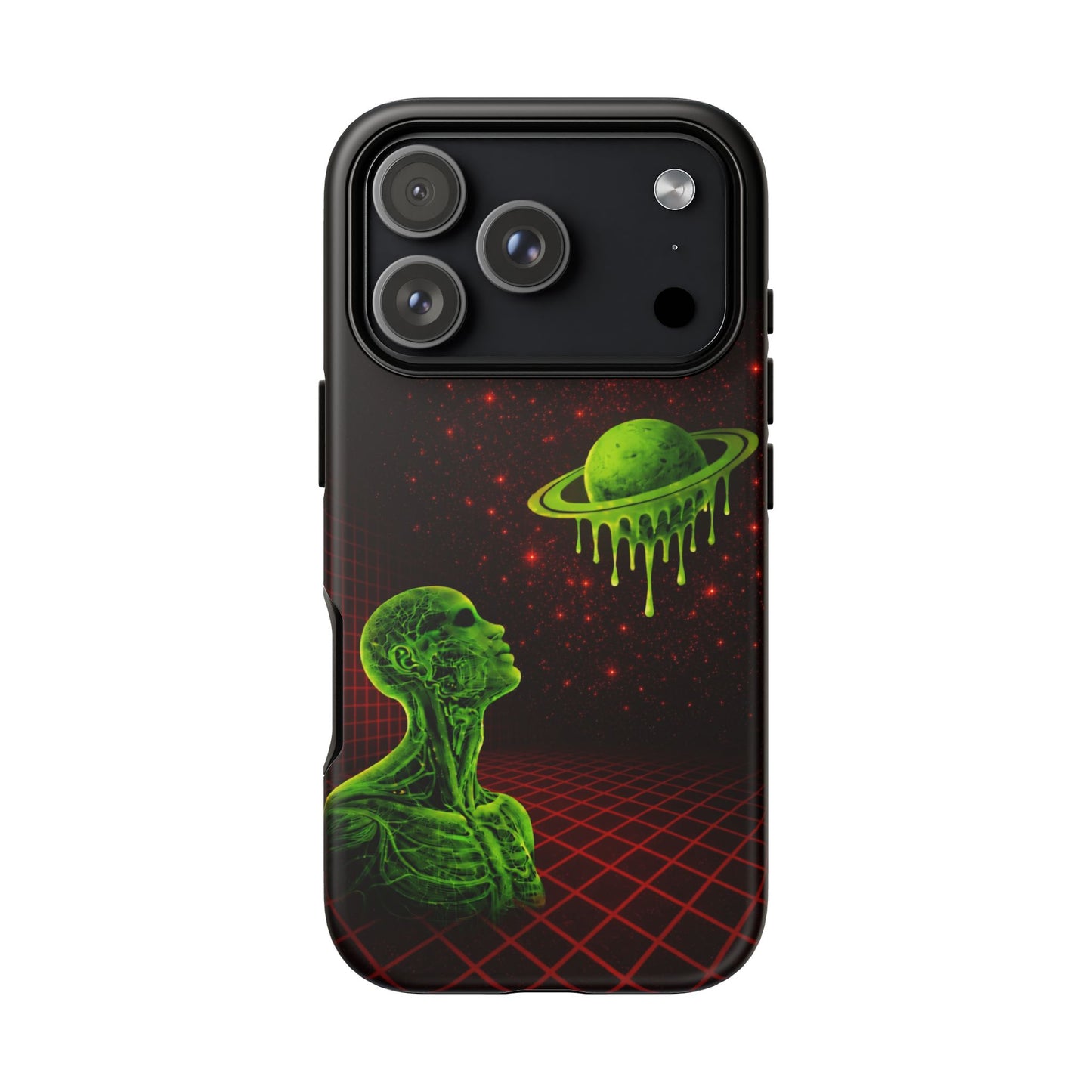 Glowing green anatomical bust gazing up at a dripping Saturn-like planet over a red grid and star-speckled space background on a black phone case.