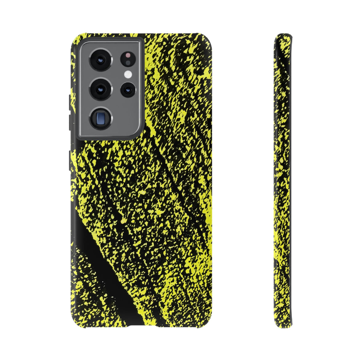 A phone case with a high-contrast black and neon yellow paint-splatter pattern, shown from both the back and side profile views on a plain white background.