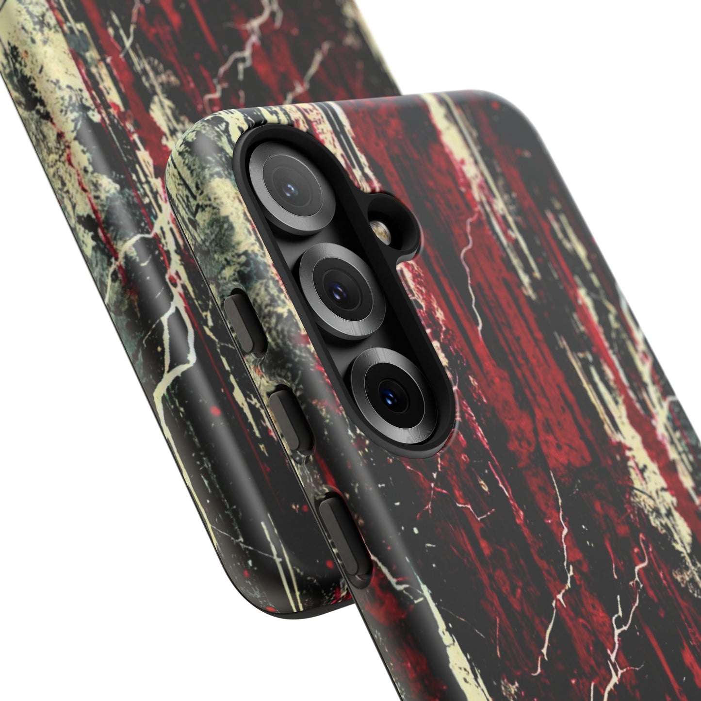 Corrosive impact-resistant phone case with distressed red, black, and bone-white design for iPhone, Samsung, and Google Pixel by NecroGrip.