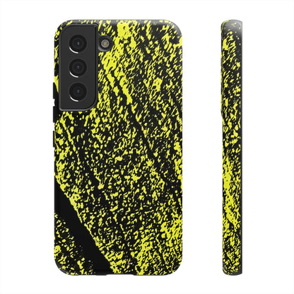 A phone case with a high-contrast black and neon yellow abstract textured pattern, shown from both a back-facing perspective and a side profile view on a plain white background.
