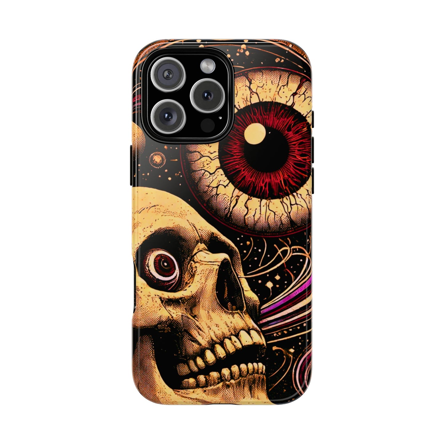 Impact-resistant tough phone case featuring a dark cosmic skull and eye design on a durable dual-layer shell by NecroGrip.