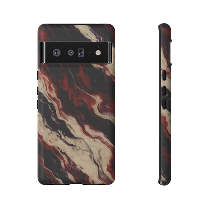 NecroGrip “Fascia” impact-resistant phone case with red, bone, and black marbled streaks, abstract muscle-like pattern on a slim dual-layer shell.