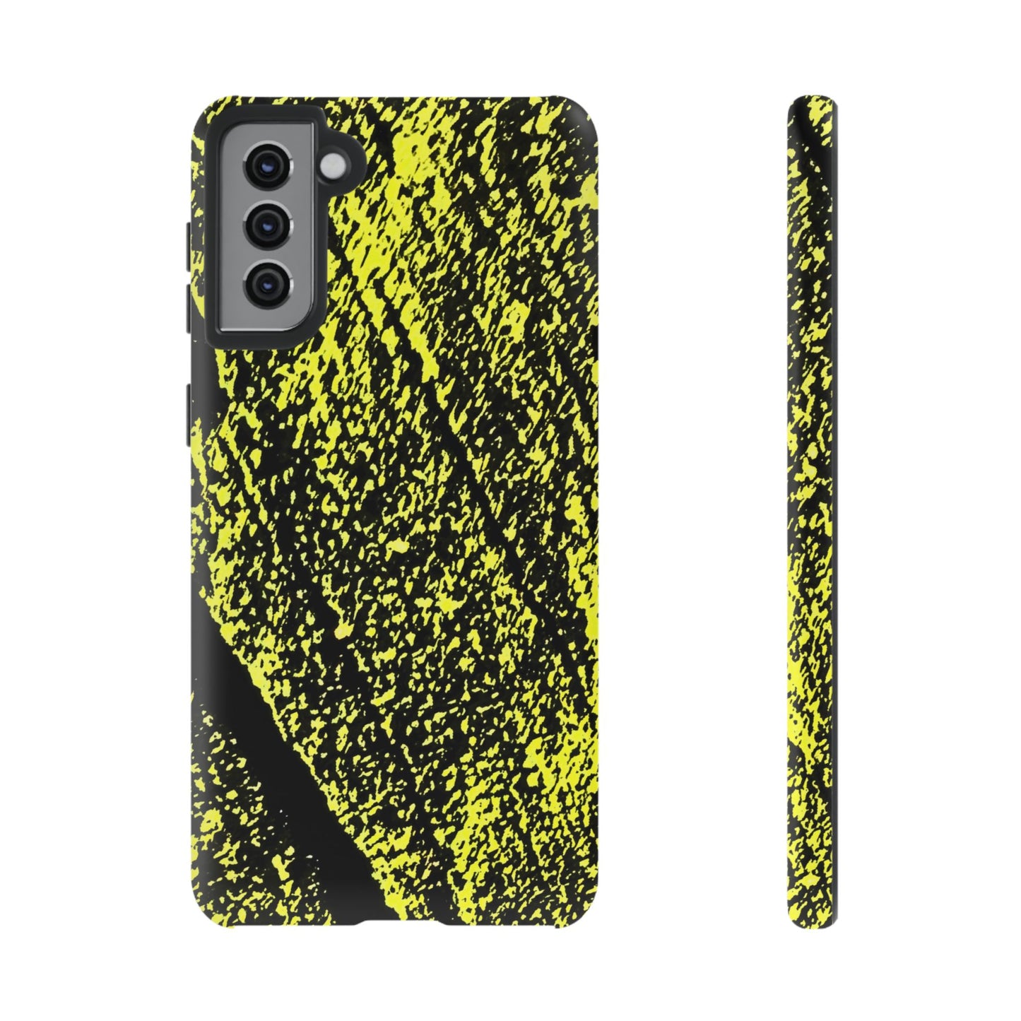 A phone case with a high-contrast textured pattern of bright neon yellow and black, shown from the back and side on a plain white background.