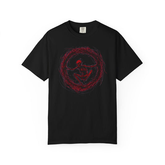 Black T-shirt with a red skeletal figure curled inside a chaotic crimson ring, printed on the chest.
