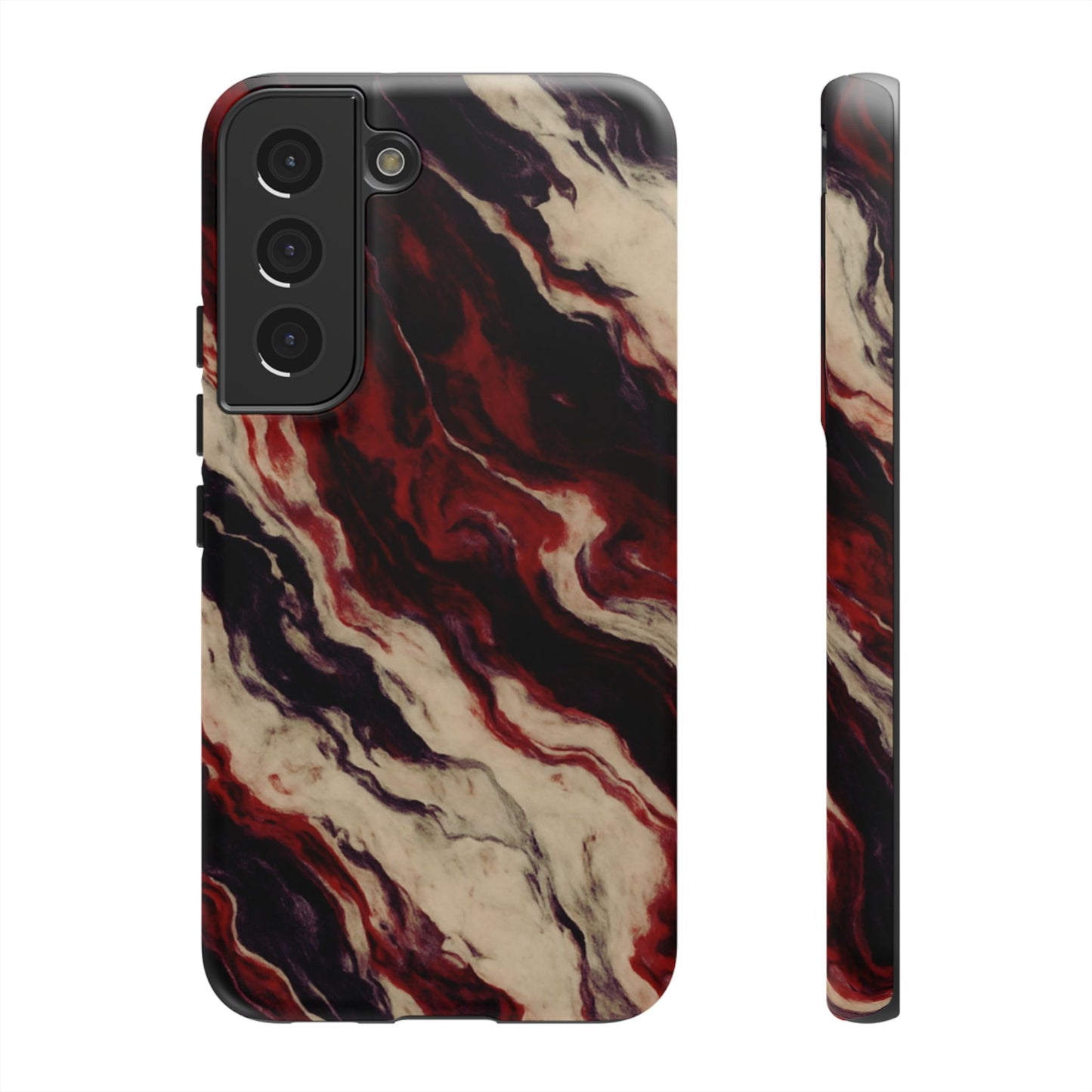 NecroGrip “Fascia” impact-resistant phone case with red, bone, and black marbled streaks, abstract muscle-like pattern on a slim dual-layer shell.