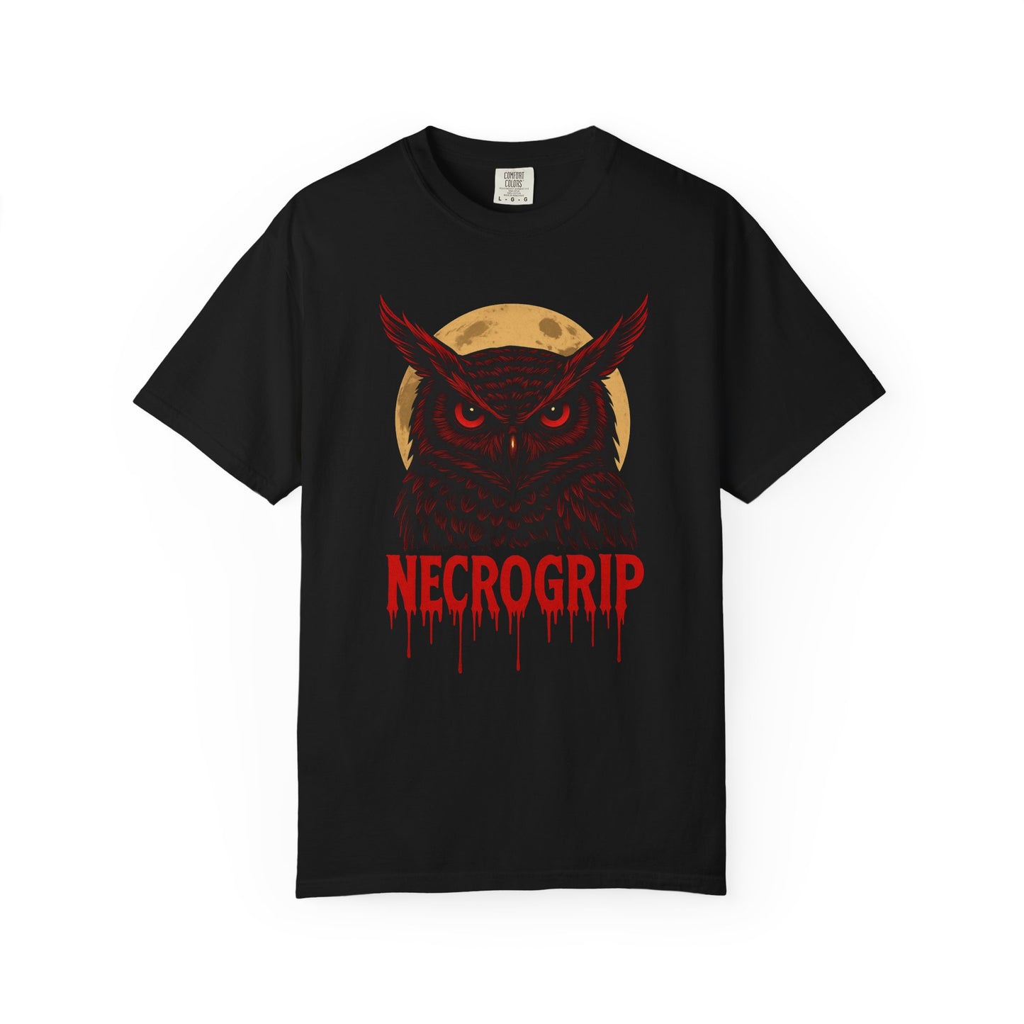Night Flight t-shirt by NecroGrip - Comfort Colors black tee featuring a red-eyed owl in flight, gothic dark apparel