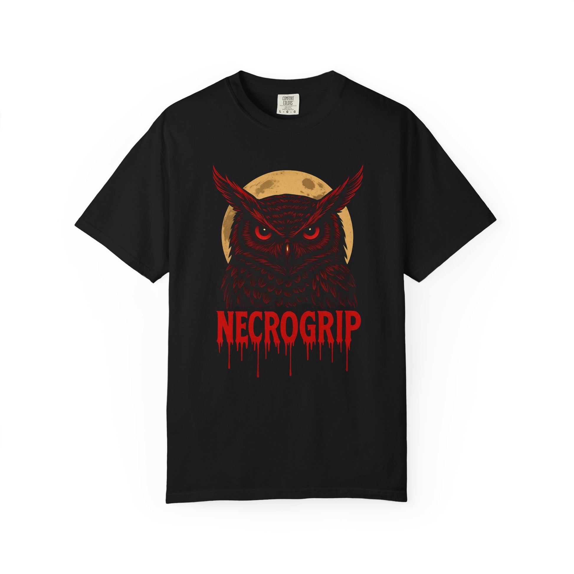 Night Flight t-shirt by NecroGrip - Comfort Colors black tee featuring a red-eyed owl in flight, gothic dark apparel