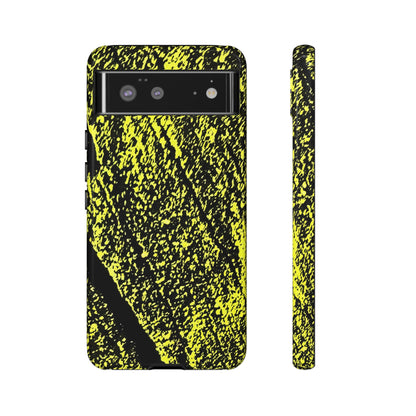 Bloom to Consume protective phone case featuring a black and toxic yellow organic decay pattern.