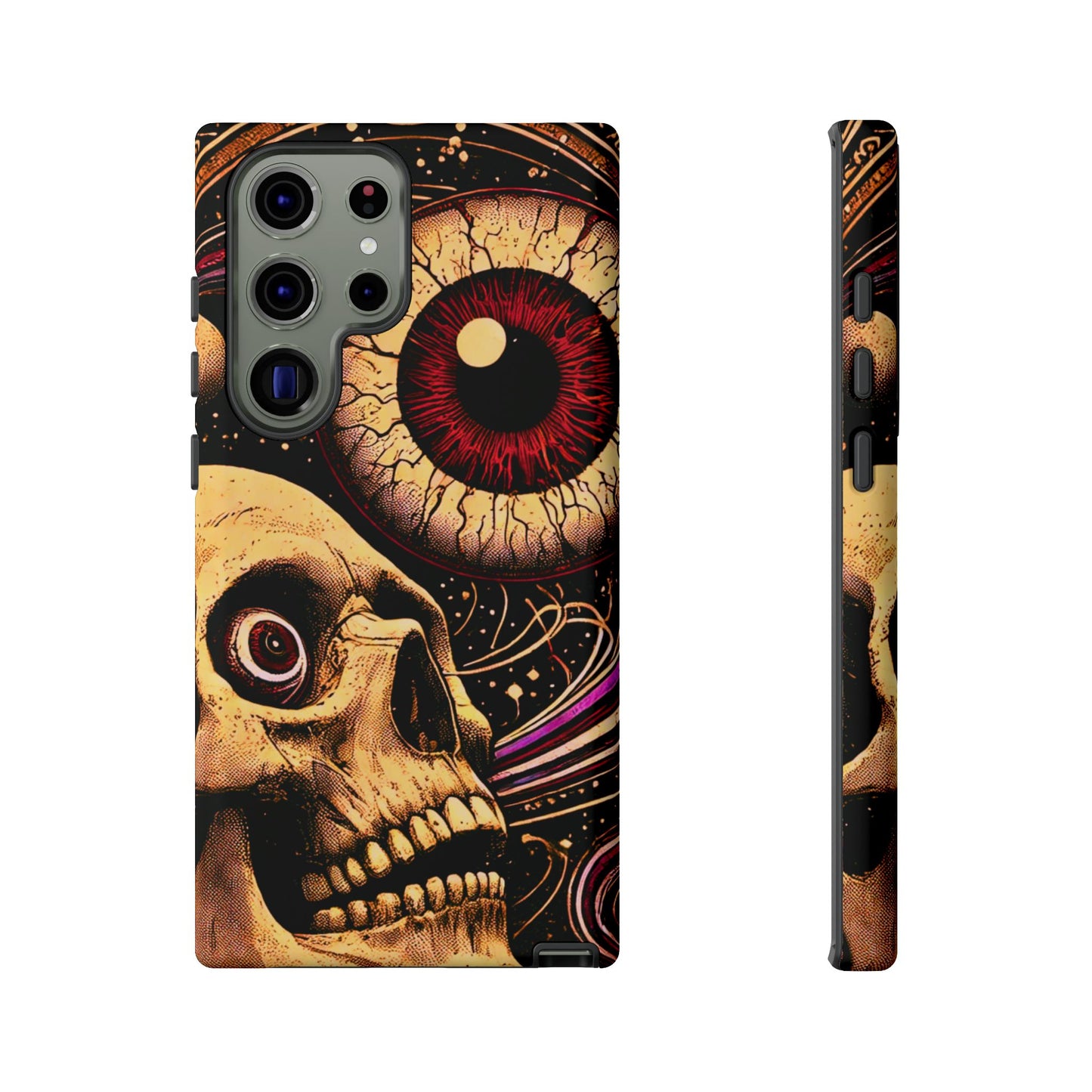 Impact-resistant tough phone case featuring a dark cosmic skull and eye design on a durable dual-layer shell by NecroGrip.