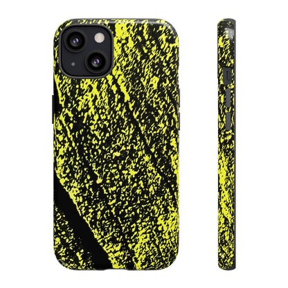 A phone case with a high-contrast black and neon yellow splattered pattern, shown from both the back and side views on a plain white background.