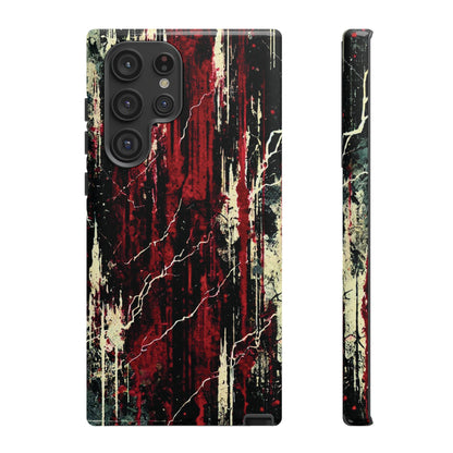 Corrosive impact-resistant phone case with distressed red, black, and bone-white design for iPhone, Samsung, and Google Pixel by NecroGrip.