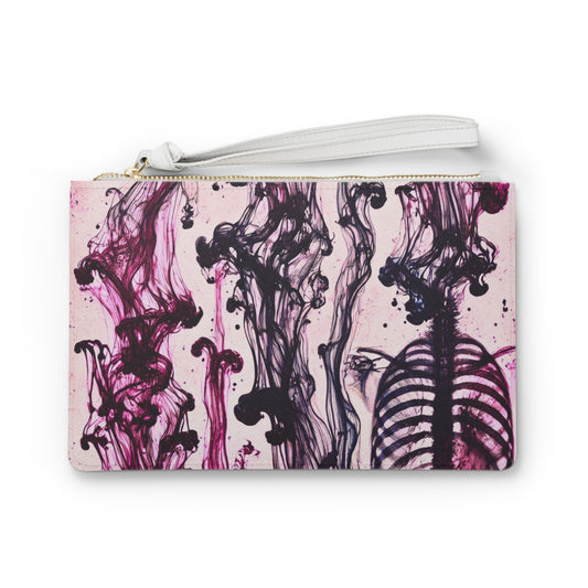 Front of Atrium clutch bag featuring skeletal ribcage artwork with magenta and black ink-like swirls on pale background.