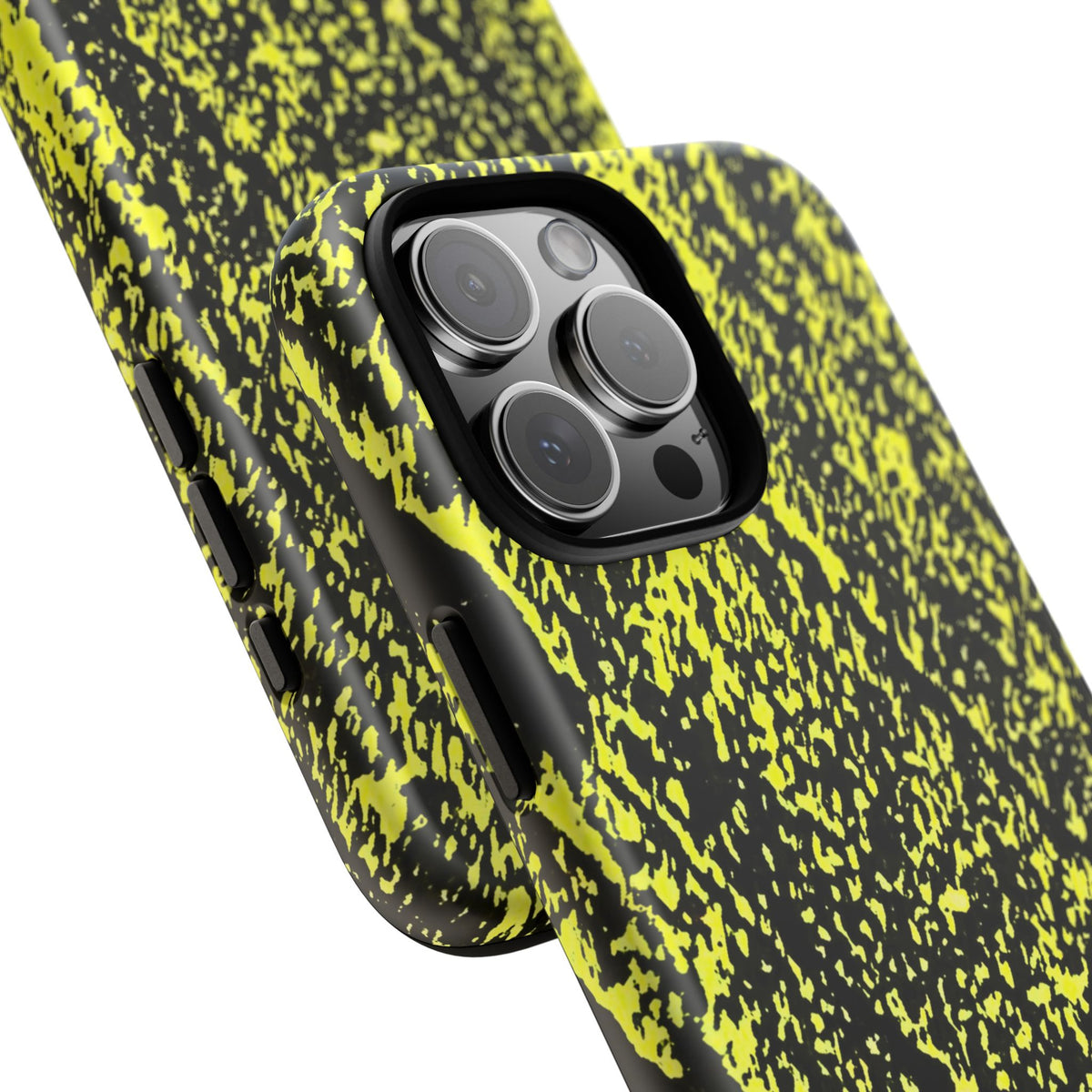 A close-up of a smartphone case with a black and neon yellow splatter pattern, fitted on a phone with a black camera bezel, shown against a plain white background.