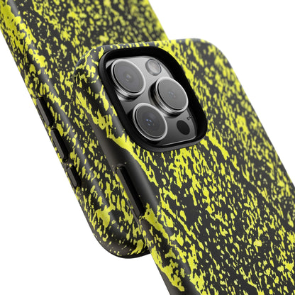 A close-up of a smartphone case with a black and neon yellow splatter pattern, fitted on a phone with a black camera bezel, shown against a plain white background.