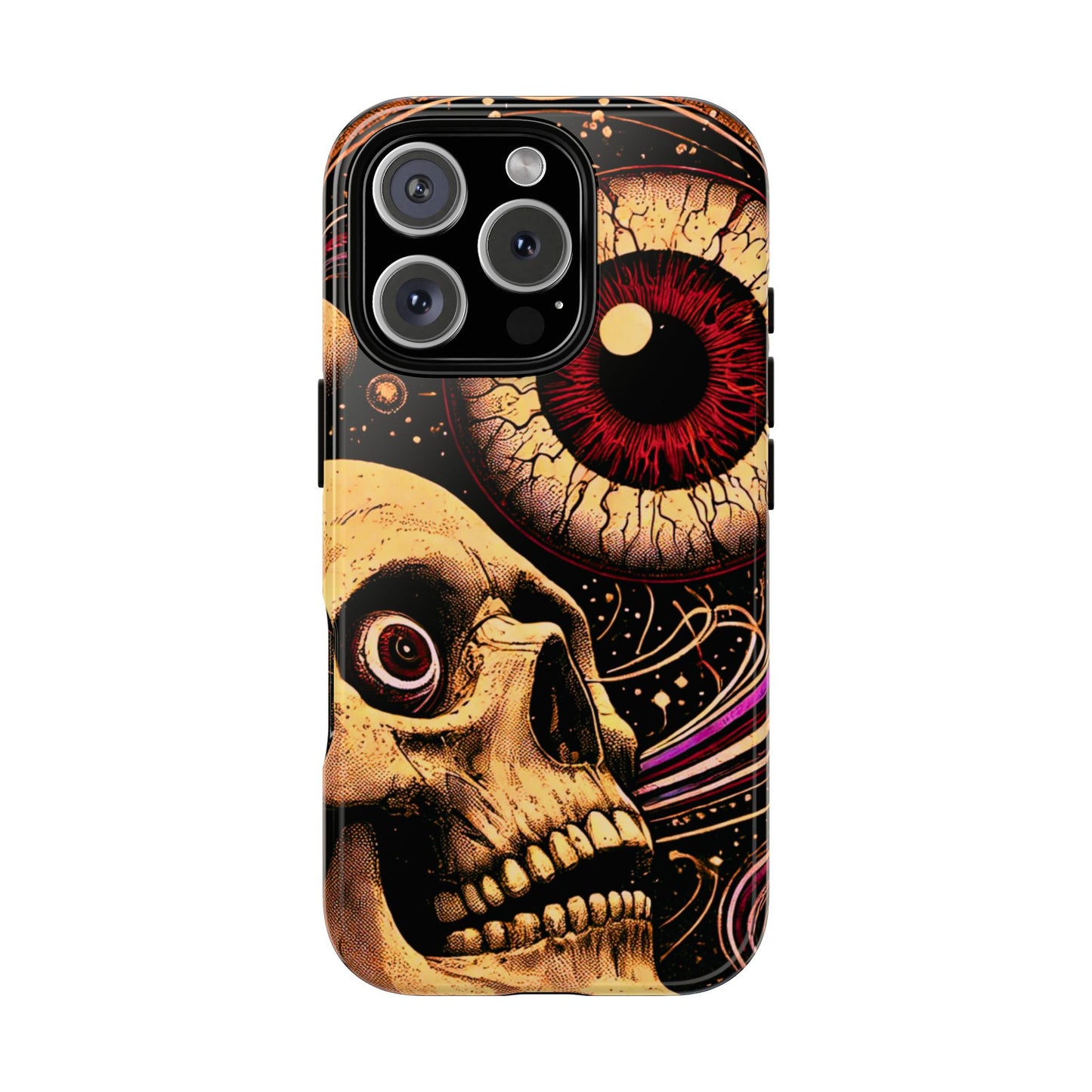Impact-resistant tough phone case featuring a dark cosmic skull and eye design on a durable dual-layer shell by NecroGrip.
