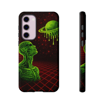 Glowing green anatomical bust gazing up at a dripping Saturn-like planet over a red grid and star-speckled space background on a black phone case.